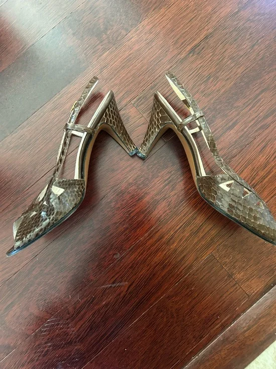 Salvatore Ferragamo Brown Snakeskin Peep-Toe Slingback Heels - Picture 3 of 9